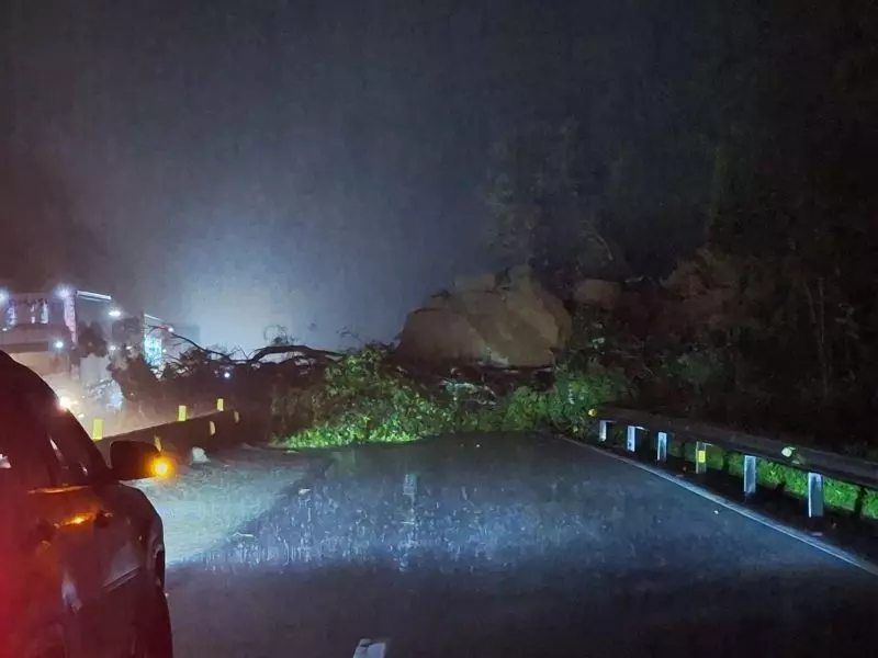 Uma queda de barreira com uma pedra gigante e árvores interditou a BR-101, no Morro dos Cavalos