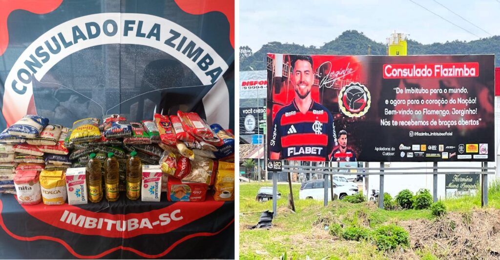 CONSULADO FLAZIMBA: Torcida organizada do Flamengo em Imbituba arrecada 150 kg de alimentos em eventos dos jogos do Fla na Copa do Mundo e homenageia o agora rubro-negro Jorginho com outdoor