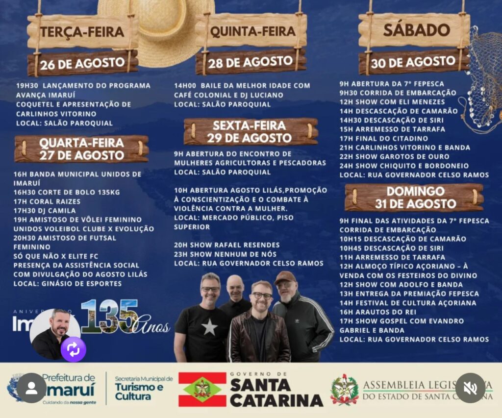 135 ANOS: Imaruí celebra aniversário com muita cultura local, gastronomia e shows Dona Maricotinha e Nenhum de Nós; confira a programação completa