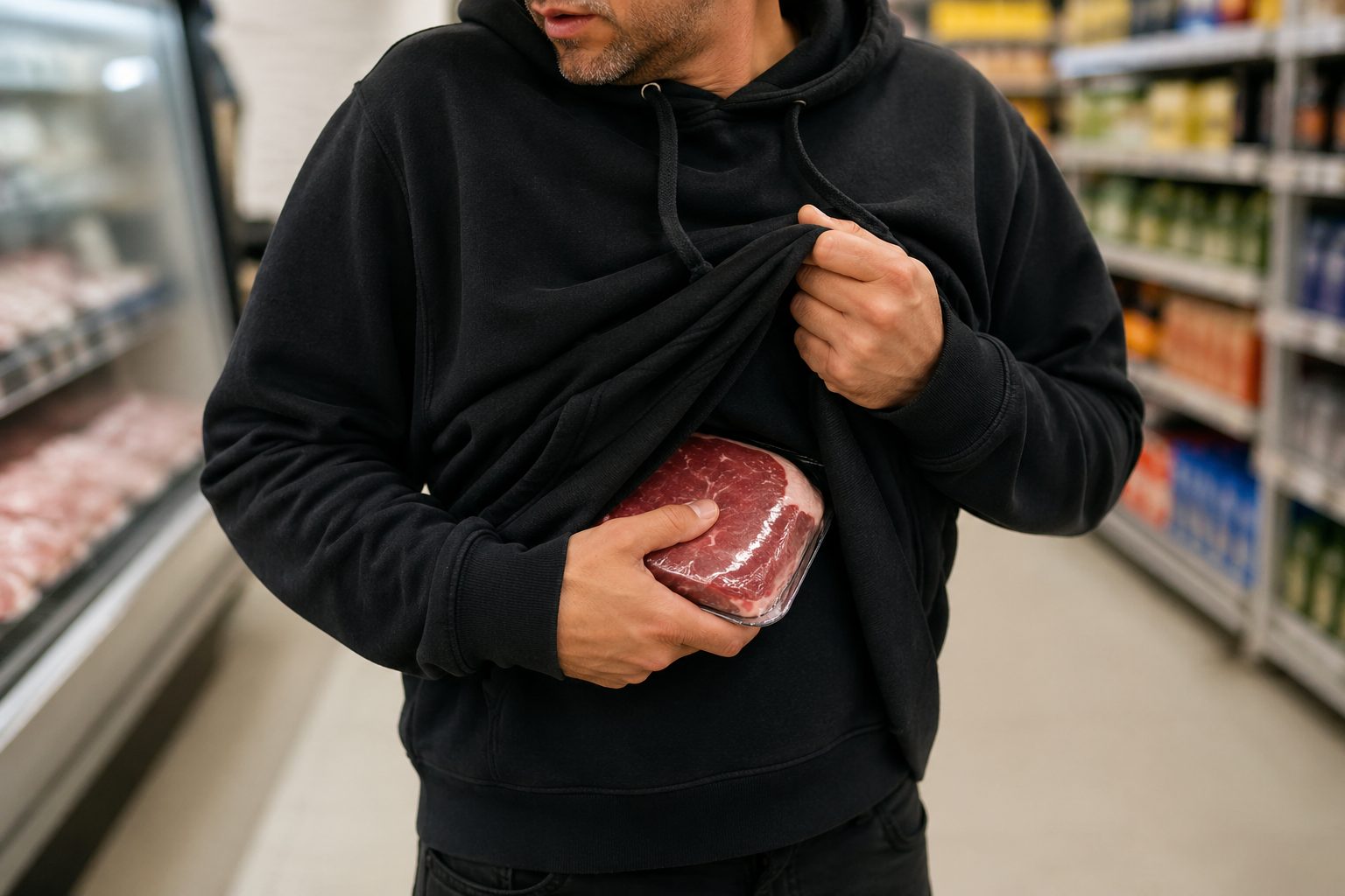 Homem com carne sob a blusa